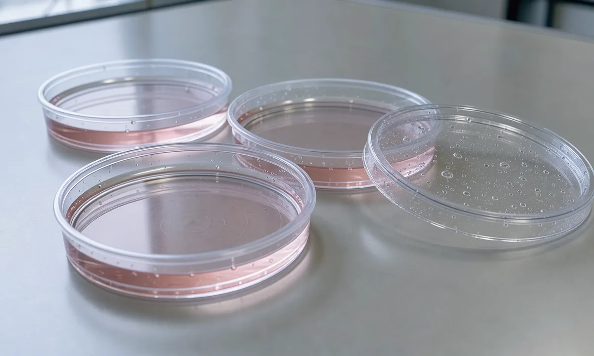Clear cell-culture dishes with pale medium on a lilac laboratory surface
