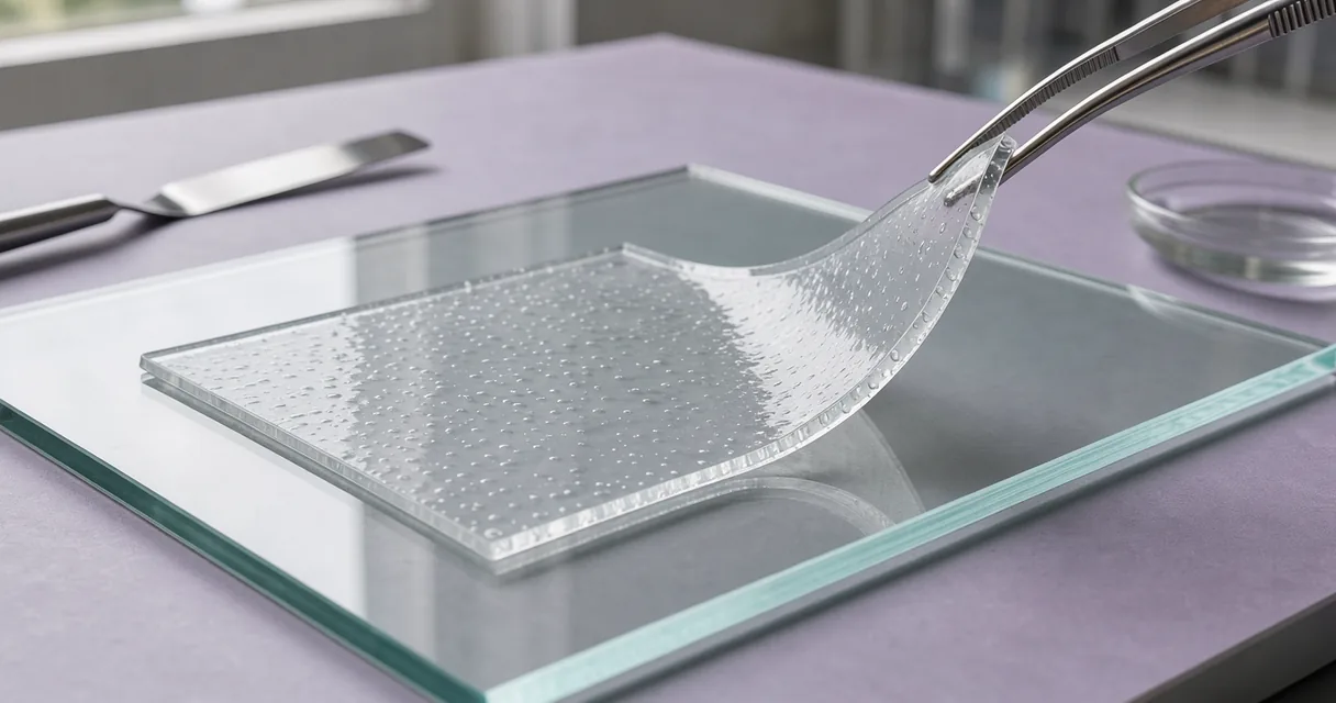 A translucent gel sheet lifted with curved metal forceps above frosted glass