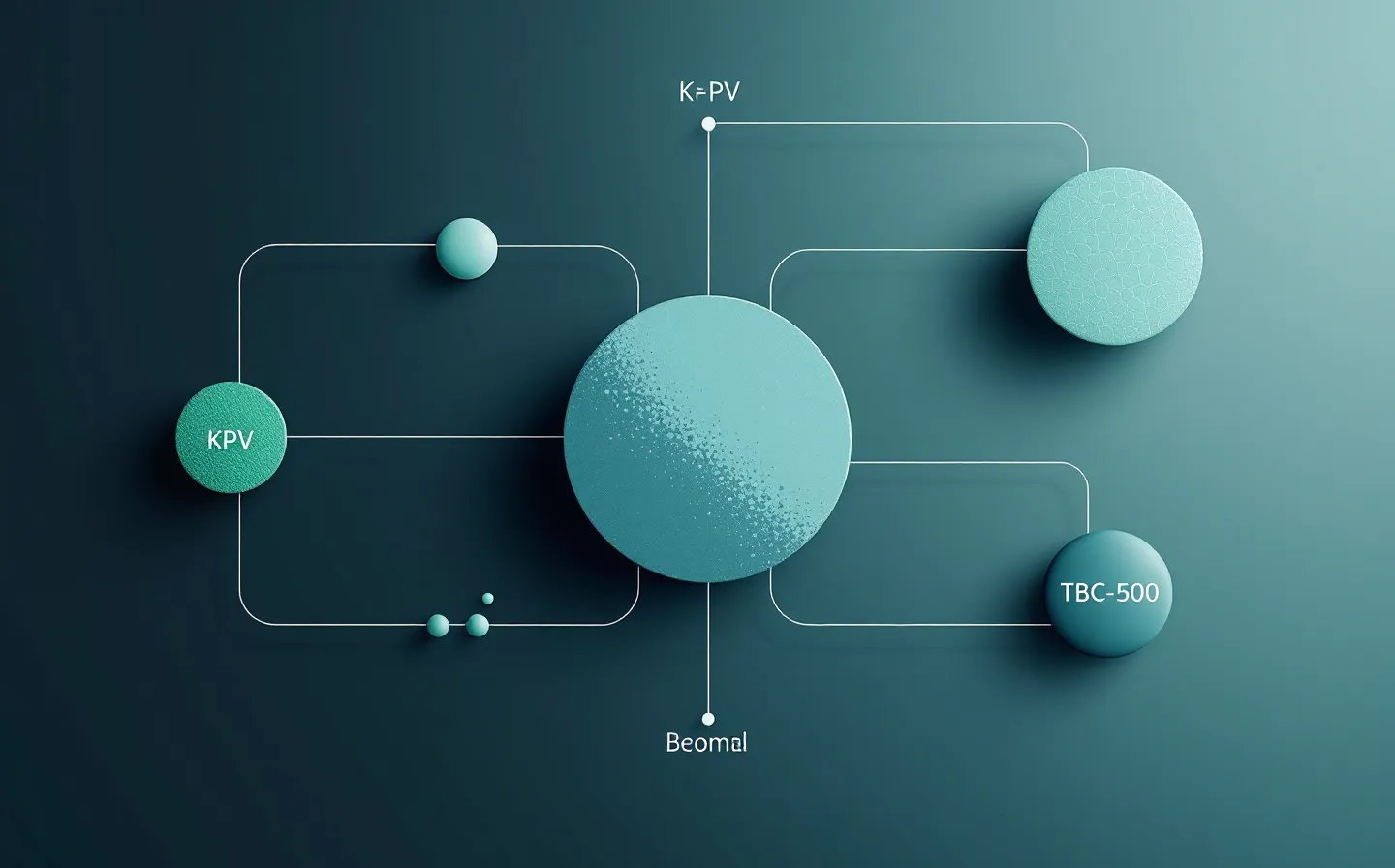 A calm clinical four-arm schematic on a cool dark slate ground — four cool-tinted elements (mint KPV, sage-steel GHK-Cu, slate-cyan BPC-157, periwinkle TB-500) linked toward a central node, with one connector left empty to mark the missing blend data