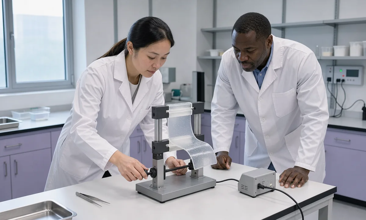 Two technicians examining a translucent gel sheet held in a small testing frame